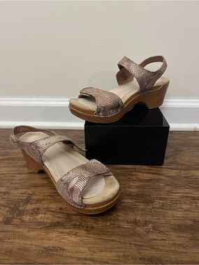 Dansko Metallic Taupe Textured Wedge Sandals